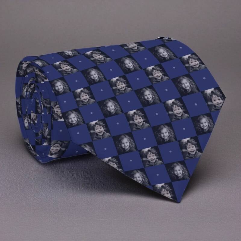 Custom blue photo necktie featuring checkerboard pattern of two alternating photographs of a boy and a girl.