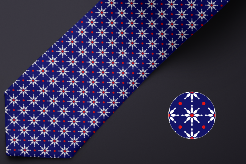 Blue Necktie with an intricate pattern of bowling pins and red bowling balls, with an illustrated magnified section of the pattern showing detail.
