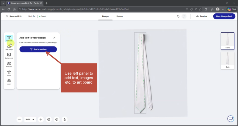 Screen shot of Zazzle Designer with call out pointing to left side panel use to add items to the art board