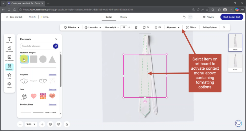 Screen shot of Zazzle designer Call out explaining how to select an element to edit