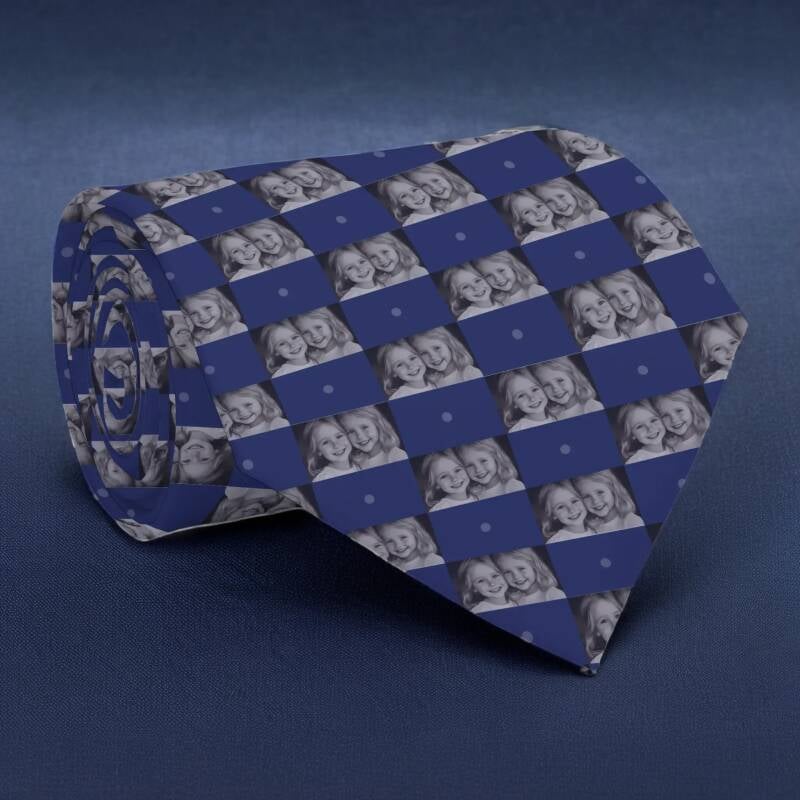 Custom photo patterned necktie featuring Horizontal photograph of two girls in a dark blue checkerboard pattern.