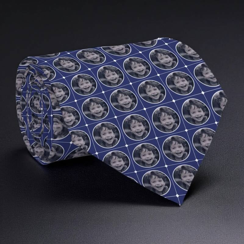 Custom photo patterned necktie featuring a round photograph of a boy on  a dark blue background.