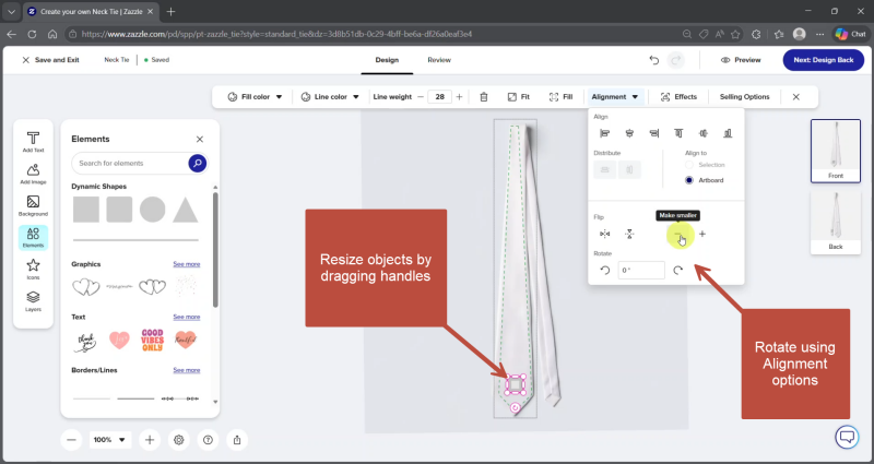 Screen shot of Zazzle Designer with callouts indicating how to rethize and rotate elements in a necktie design