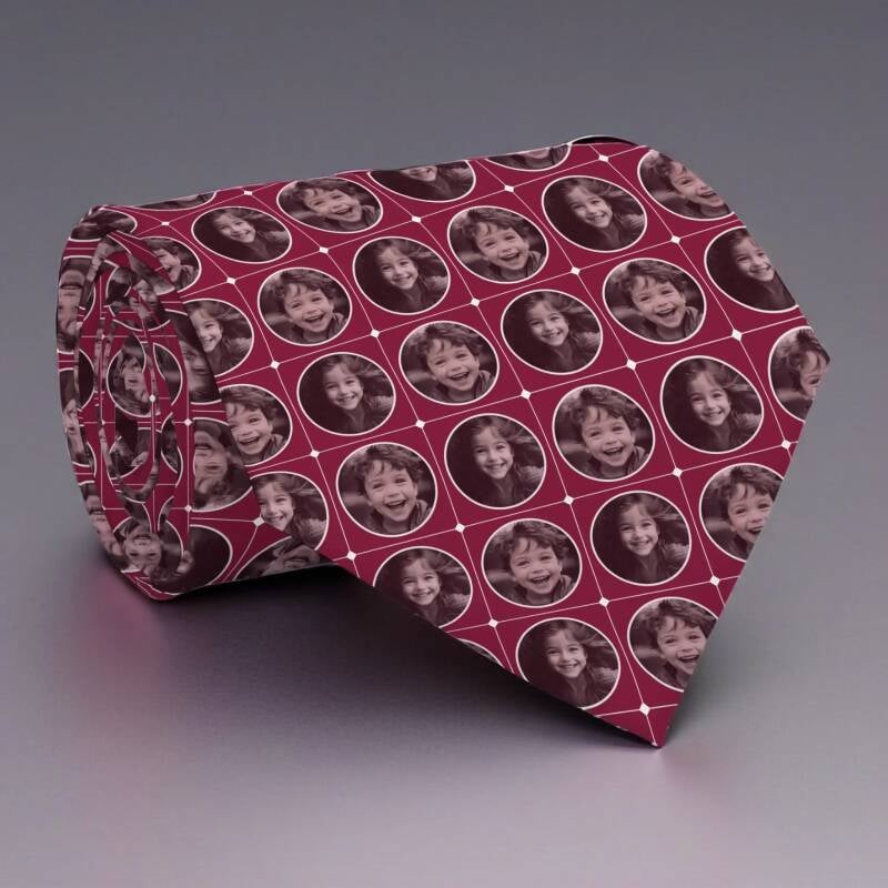Custom photo patterned necktie featuring alternating round photographs of a boy and a girl on  a burgundy background.