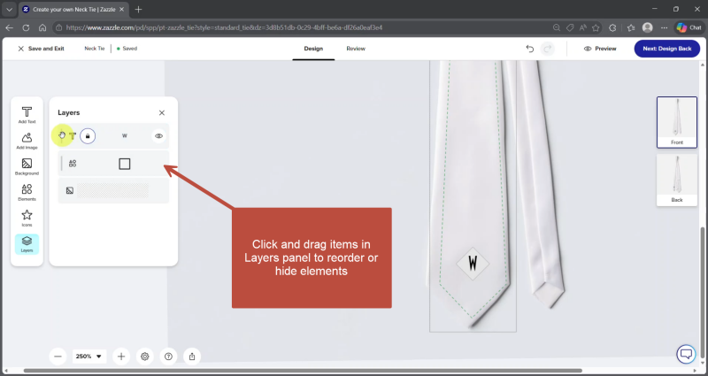 Screen shot of Zazzle designer with call out indicating left side layers panel