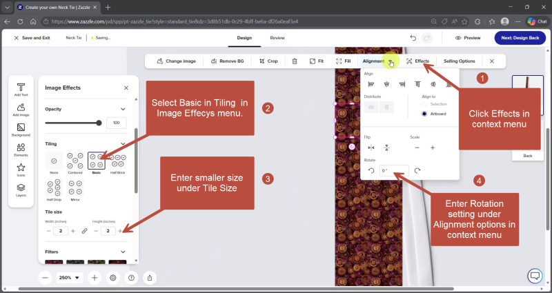 Screen shot of Zazzle designer with instructions on how to create a seamless pattern