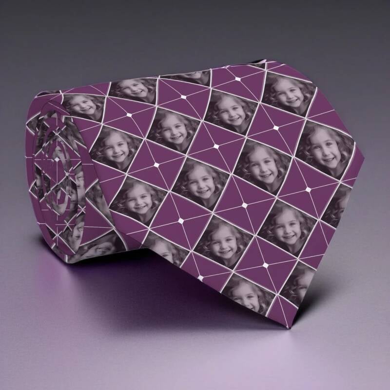 Custom photo patterned necktie featuring diamond shaped photograph of a girl on a purple background.