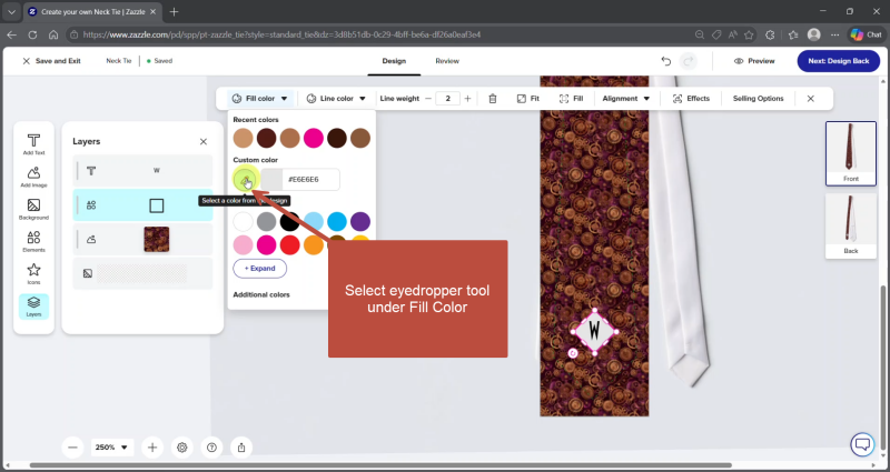 Zazzle screenshot illustrating how to use the eyedropper tool to select colors in a pattern
