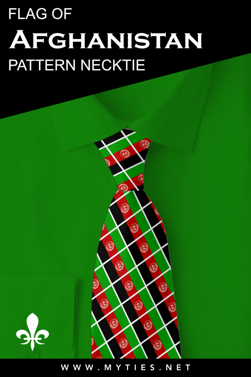 Pinterest Pin image: Flag of Afghanistan patterned necktie, illustration of Afghanistan flag necktie  on folded green shirt