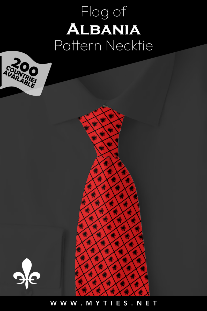 Pinterest Pin image: Flag of Albania patterned necktie, illustration of Albania flag necktie on folded Black shirt