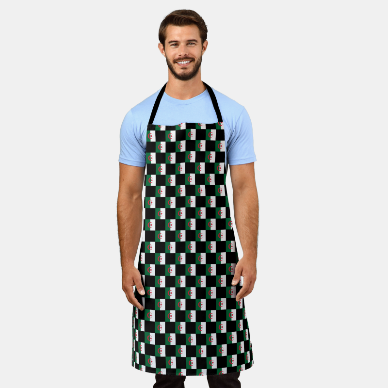 Full-length cooking apron printed with the Algeria flag in a checkered layout.