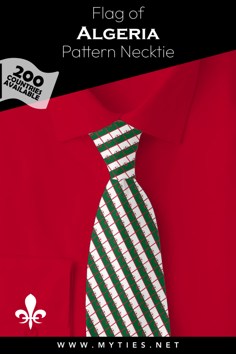 Pinterest Pin image: Flag of Algeria patterned necktie, illustration of Algeria flag necktie  on folded Red shirt