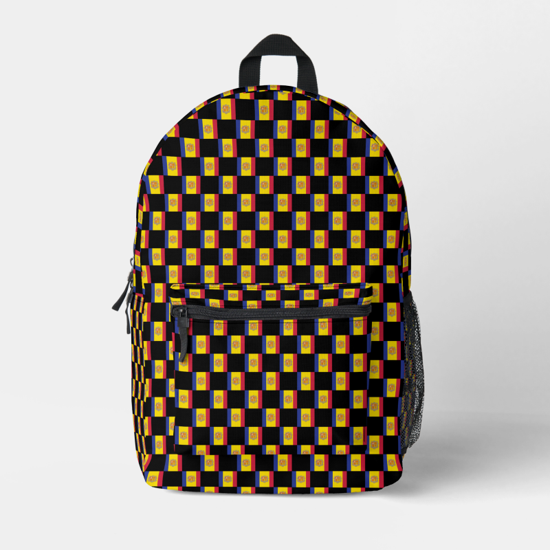 Patriotic backpack displaying the Andorra flag in a modern checkered layout.