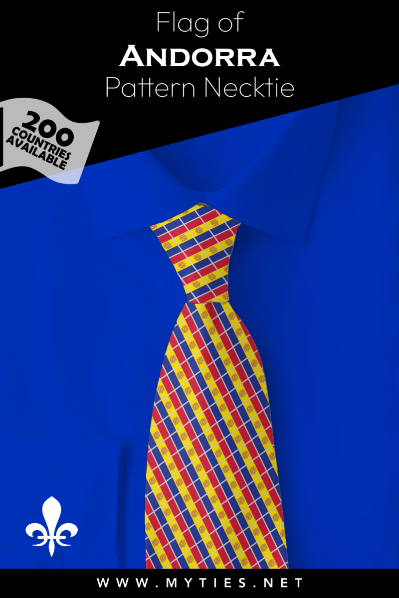 Pinterest Pin image: Flag of Andorra patterned necktie, illustration of Andorra flag necktie  on folded Blue shirt