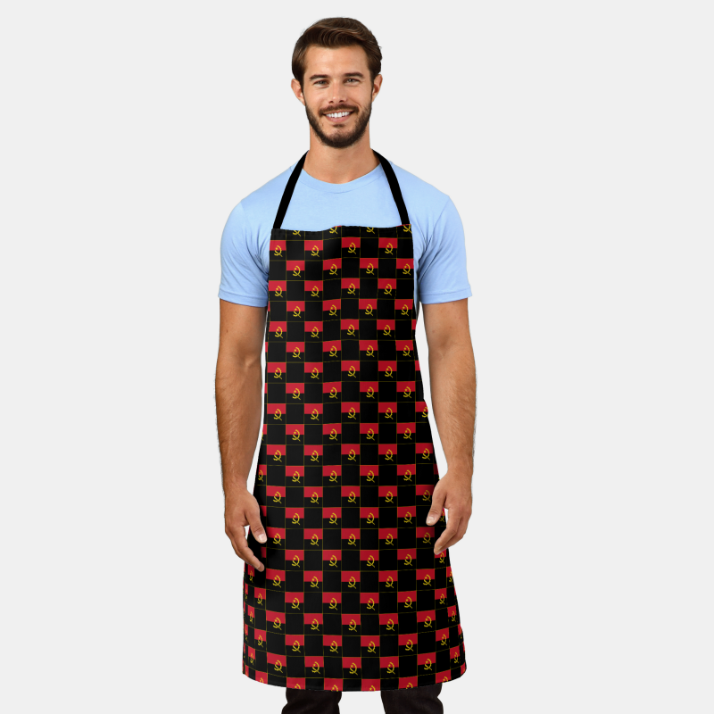 Stylish apron decorated with a checkered Angola flag pattern, designed for home chefs and BBQ fans.