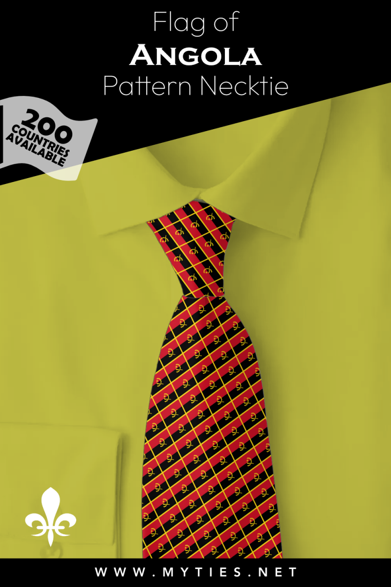 Pinterest Pin image: Flag of Angola patterned necktie, illustration of Angola flag necktie on folded Yellow shirt