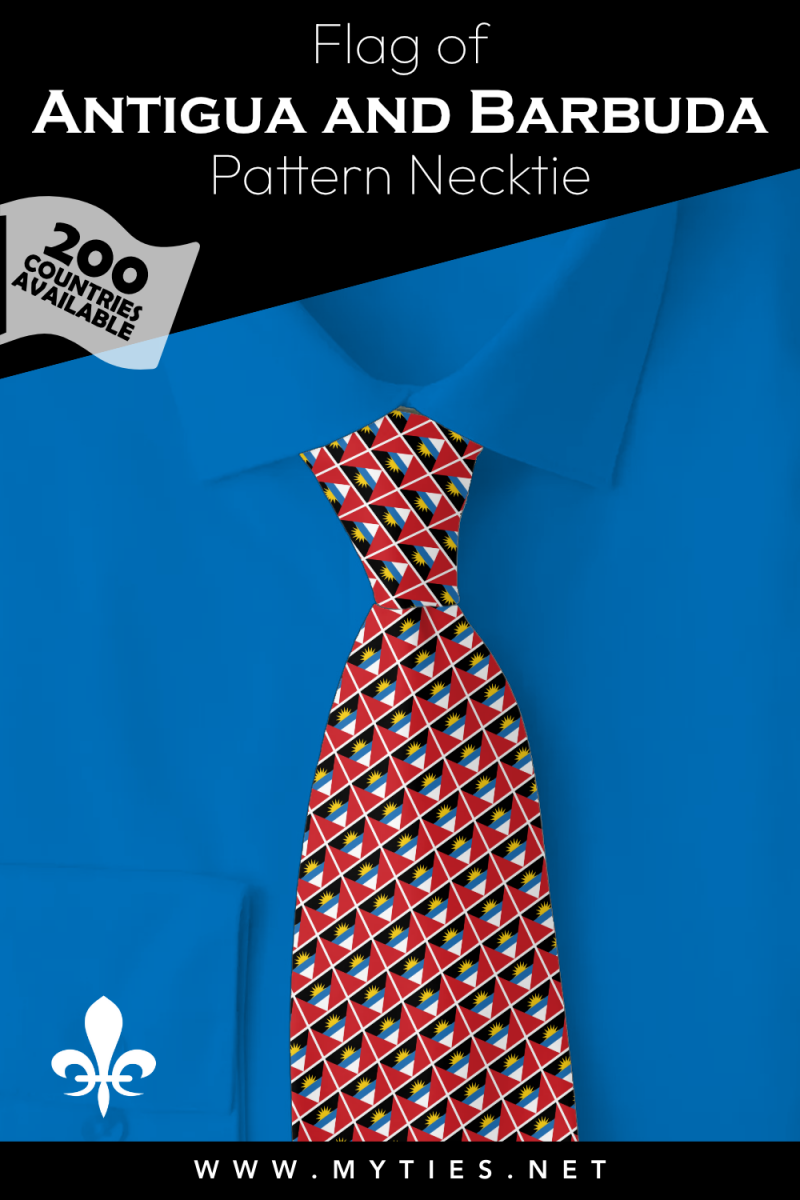 Pinterest Pin image: Flag of Antigua and Barbuda patterned necktie, illustration of Antigua and Barbuda flag necktie on folded blue shirt