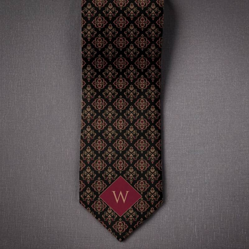 Burgundy and black arabesque geometric necktie personalized with monogram.