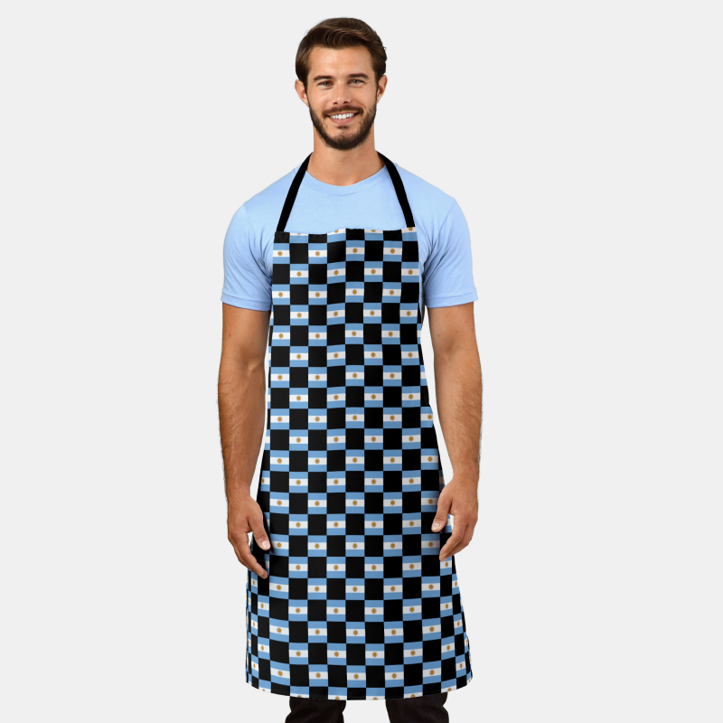 Apron featuring a bold checkered design inspired by the national flag of Argentina.