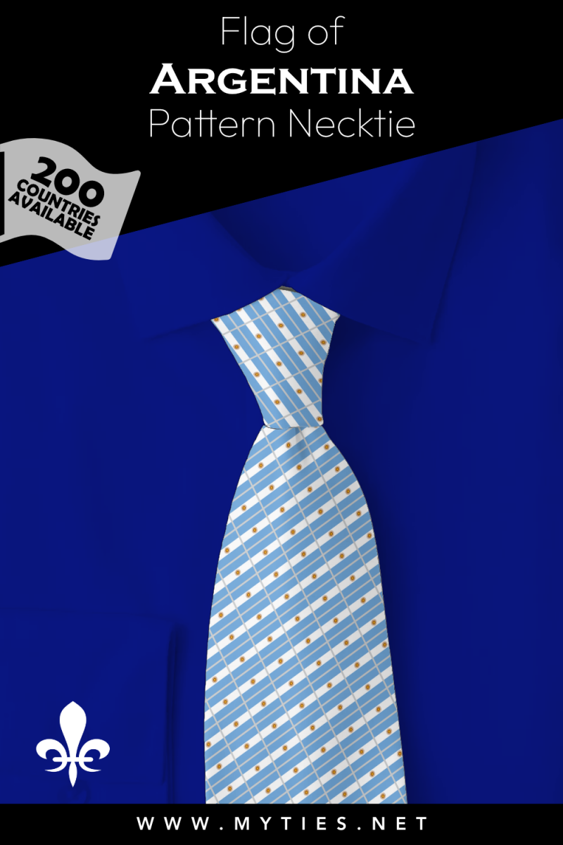 Pinterest Pin image: Flag of Argentina patterned necktie, illustration of Argentina flag necktie on folded blue shirt