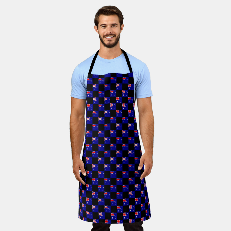 Australia flag apron with checkered flag motif, ideal for grilling or kitchen use.
