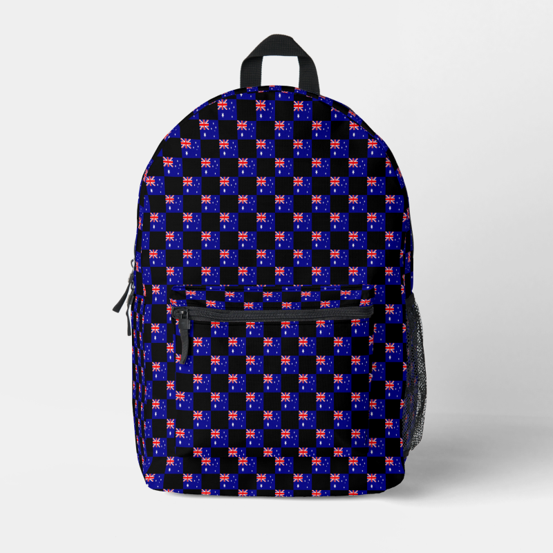 Australia flag backpack with checkered detailing, blending national pride with everyday function.