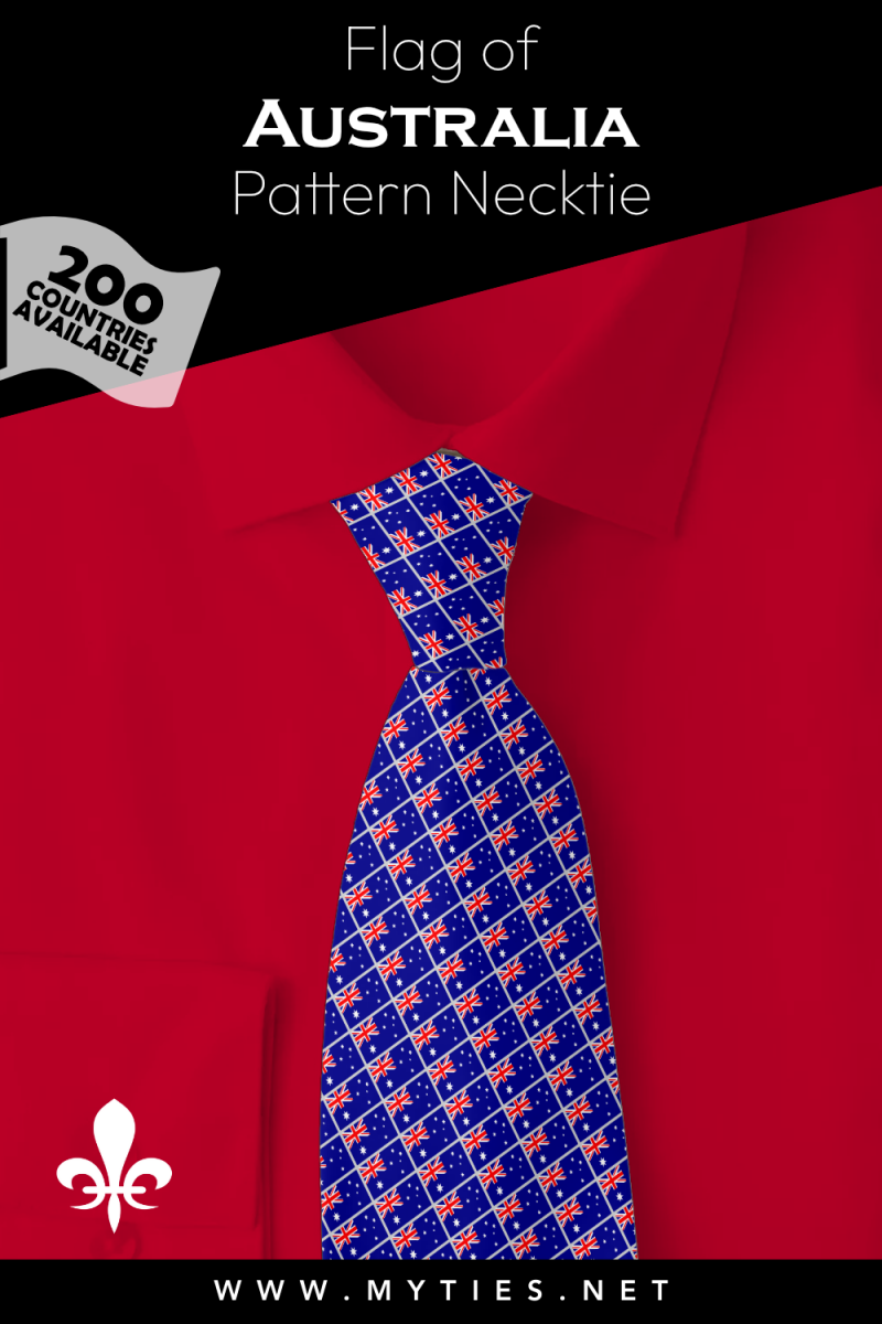 Pinterest Pin image: Flag of Australia patterned necktie, illustration of Australia flag necktie on folded red shirt