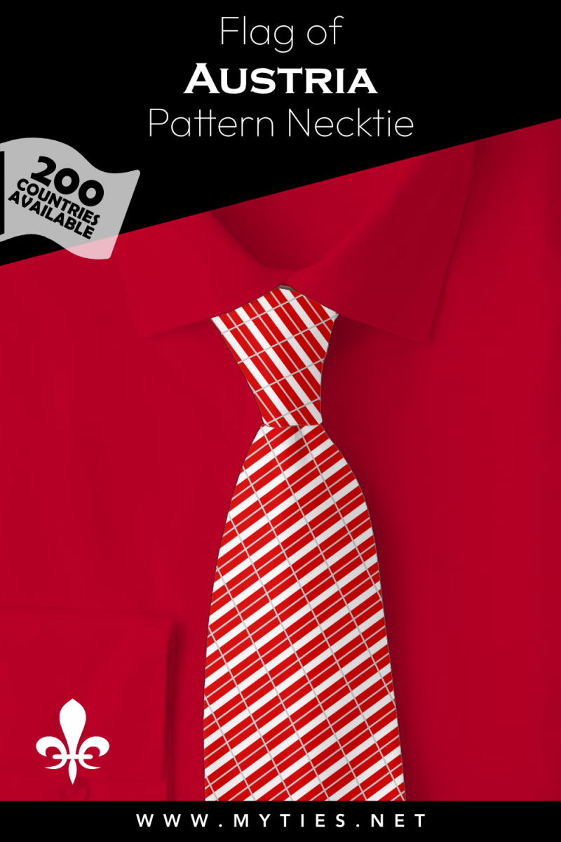 : Pinterest Pin image: Flag of Austria patterned necktie, illustration of Austria flag necktie on folded red shirt