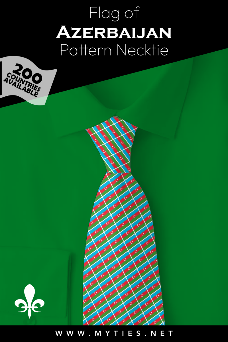 Pinterest Pin image: Flag of Azerbaijan patterned necktie, illustration of Azerbaijan flag necktie on folded green shirt