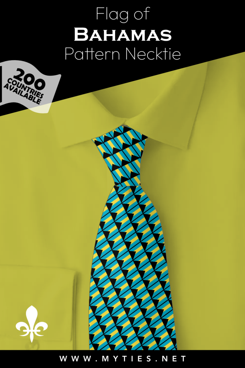 Pinterest Pin image: Flag of Bahamas patterned necktie, illustration of Bahamas flag necktie on folded yellow shirt