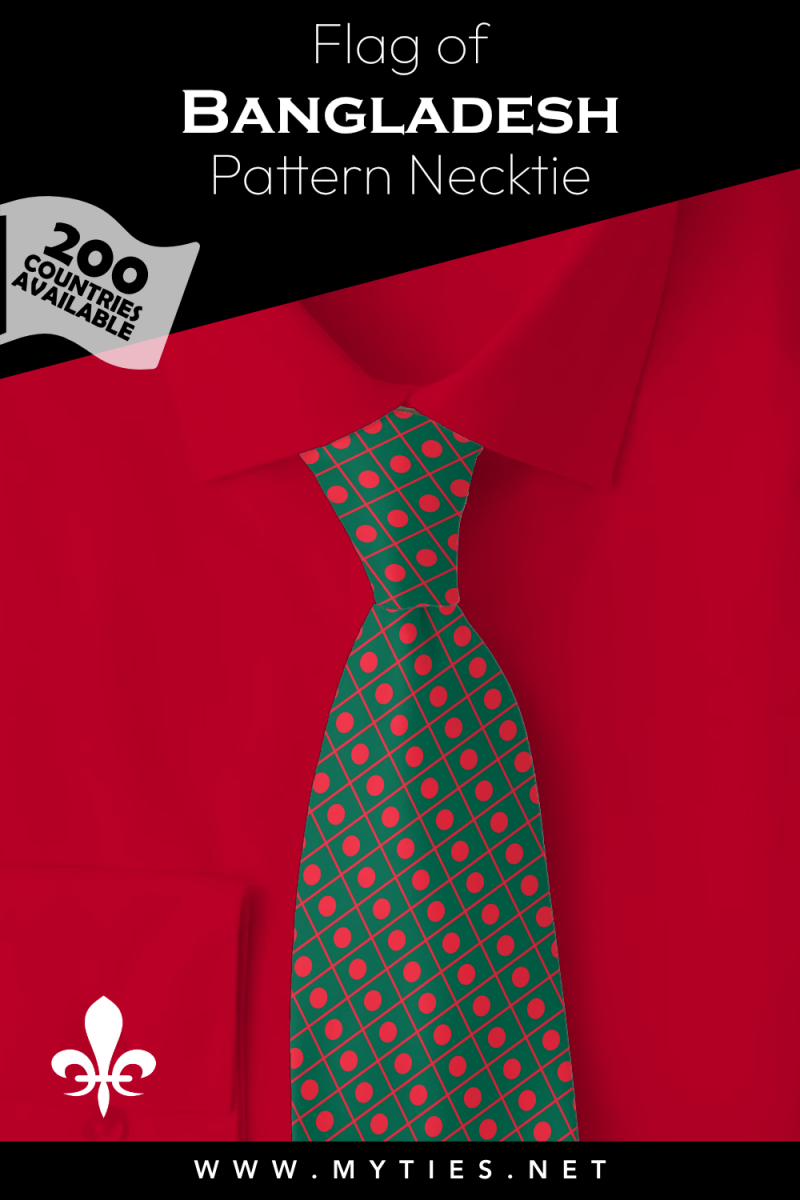 Pinterest Pin image: Flag of Bangladesh patterned necktie, illustration of Bangladesh flag necktie on folded red shirt