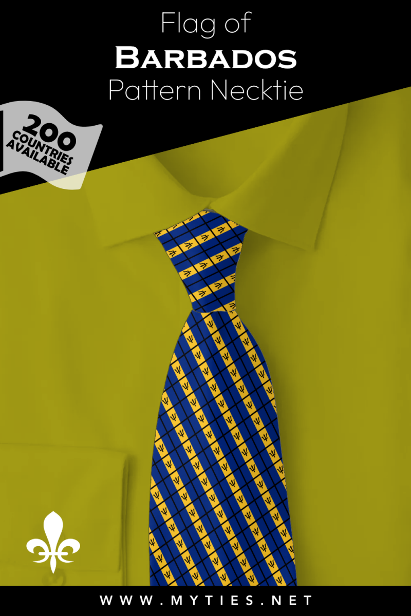 Pinterest Pin image: Flag of Barbados patterned necktie, illustration of Barbados flag necktie on folded gold shirt