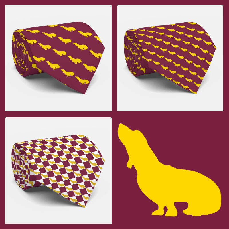 Illustration of three rolled neckties and a large gold silhouette of a Basset Hound, which is featured in the patterns that appear on the neckties. The first necktie has the dog in a pattern somewhat larger. The second one has it displayed smaller and the