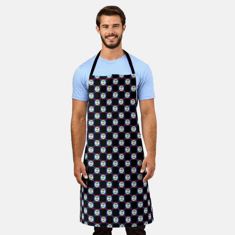 Full-length cooking apron printed with the Belize flag in a checkered layout.