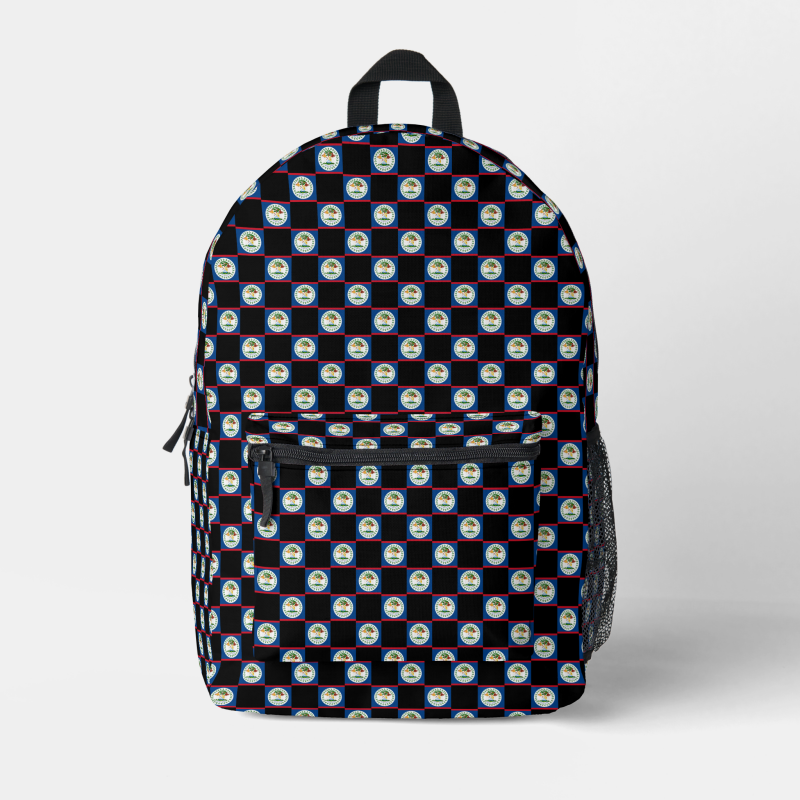 Belize flag backpack with checkered detailing, blending national pride with everyday function.
