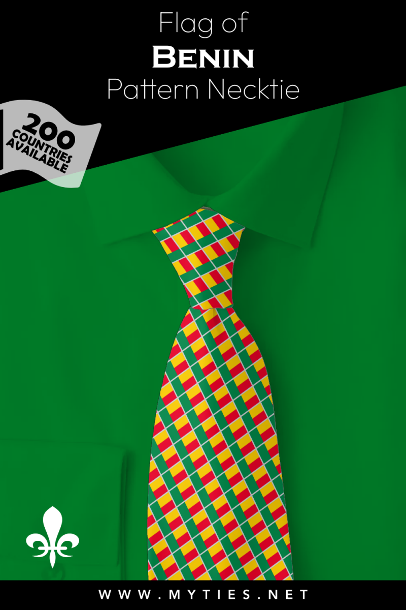 Pinterest Pin image: Flag of Benin patterned necktie, illustration of Benin flag necktie on folded green shirt