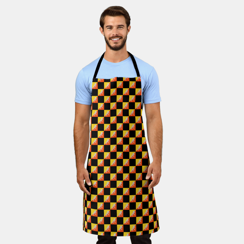 Stylish apron decorated with a checkered Bhutan flag pattern, designed for home chefs and BBQ fans.