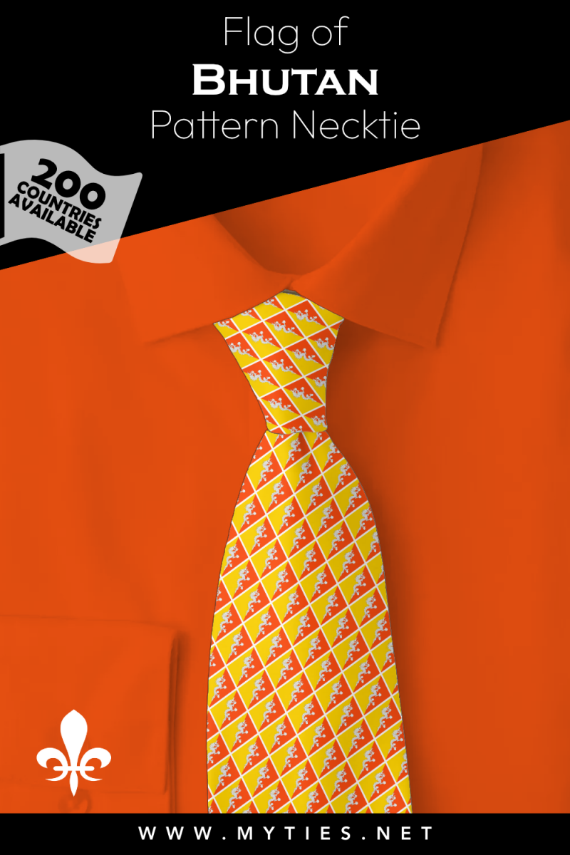 Pinterest Pin image: Flag of Bhutan patterned necktie, illustration of Bhutan flag necktie on folded orange shirt