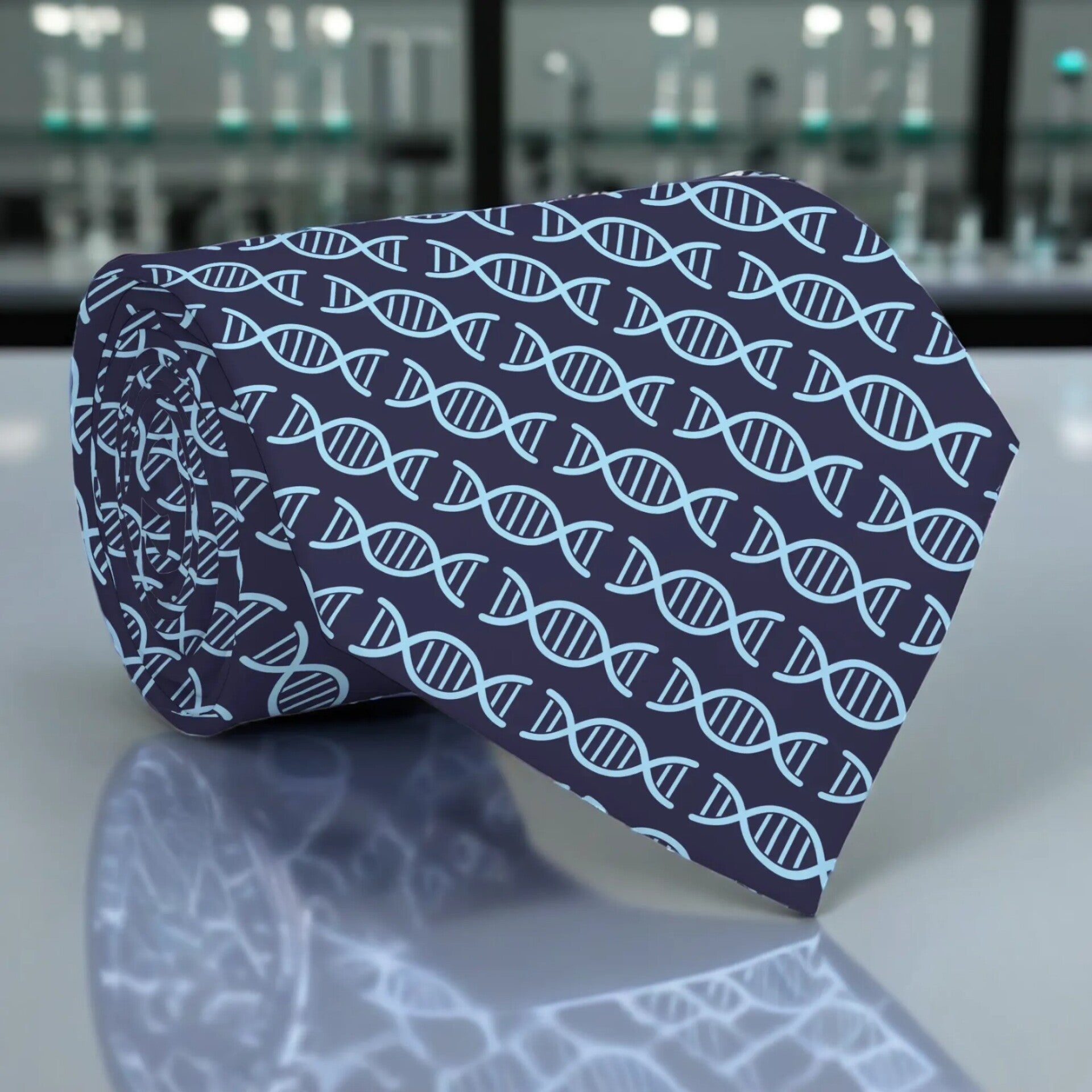 Blue rolled neck tie featuring DNA double Helix pattern, ideal design for scientist or Geneticist.