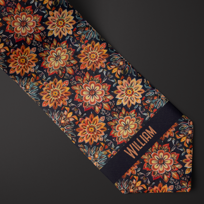 Earthtone Pattern neck tie with name banner