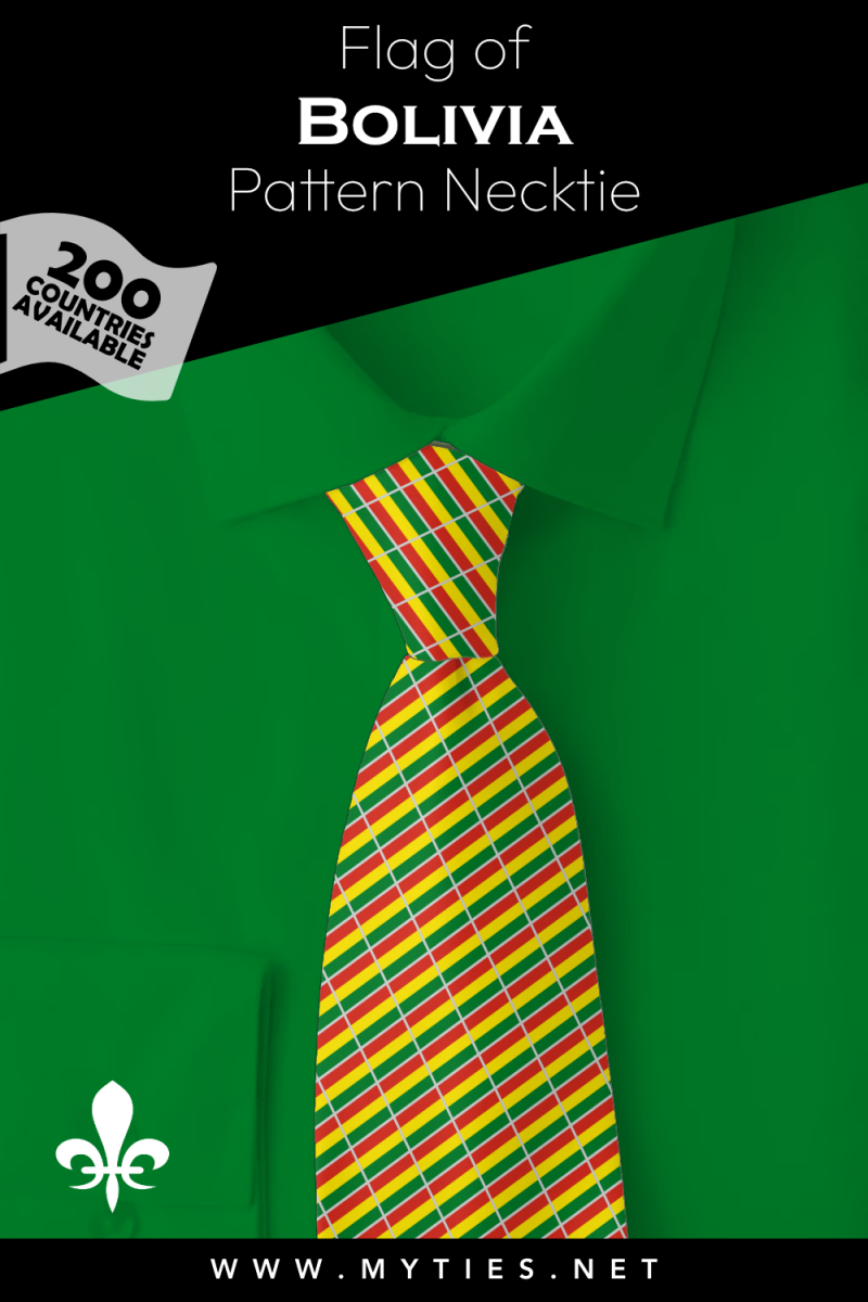 Pinterest Pin image: Flag of Bolivia patterned necktie, illustration of Bolivia flag necktie on folded green shirt