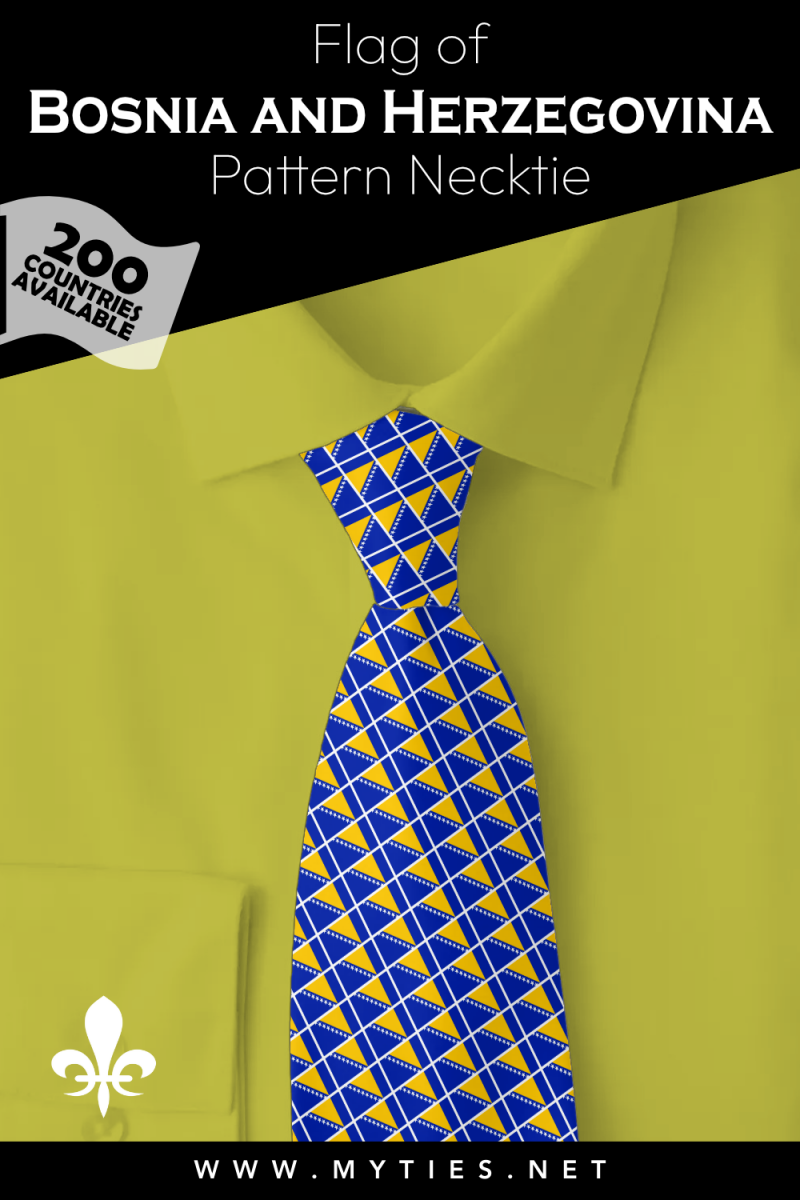 Pinterest Pin image: Flag of Bosnia and Herzegovina patterned necktie, illustration of Bosnia and Herzegovina flag necktie on folded yellow shirt
