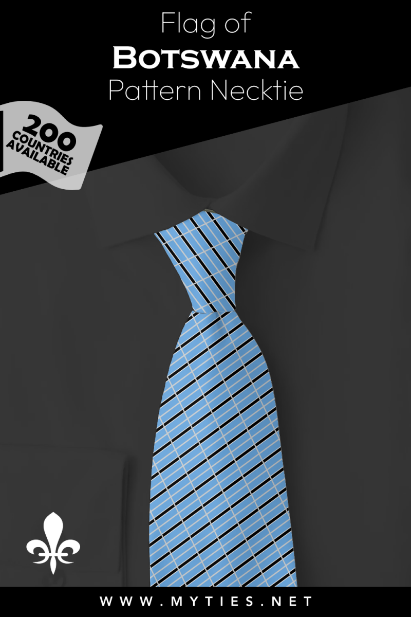 Pinterest Pin image: Flag of Botswana patterned necktie, illustration of Botswana flag necktie on folded black shirt