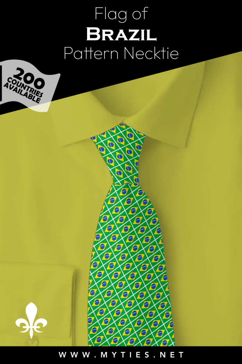 Pinterest Pin image: Flag of Brazil patterned necktie, illustration of Brazil flag necktie on folded yellow shirt