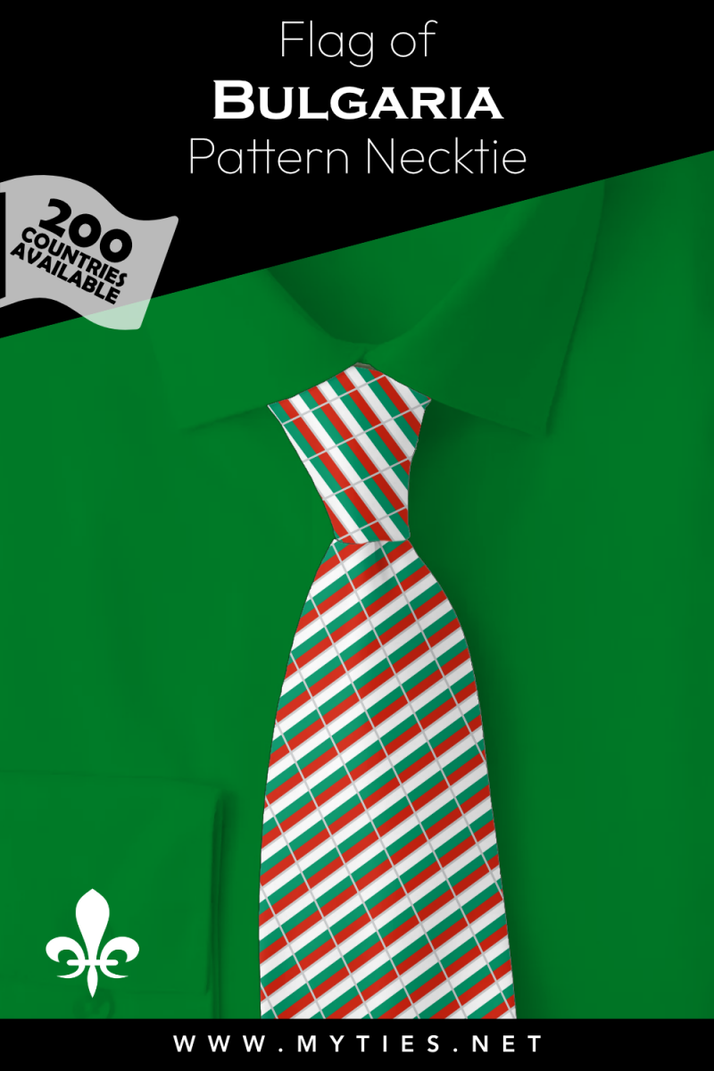 Pinterest Pin image: Flag of Bulgaria patterned necktie, illustration of Bulgaria flag necktie on folded green shirt