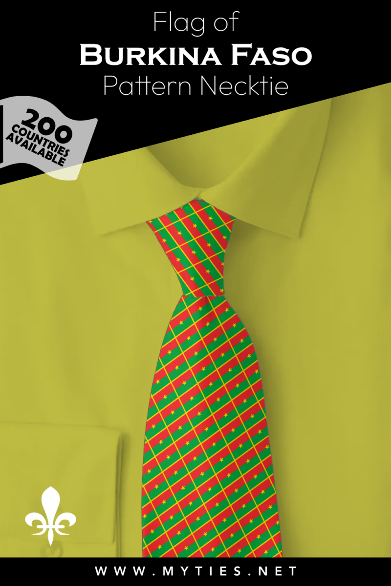 Pinterest Pin image: Flag of Burkina Faso patterned necktie, illustration of Burkina Faso flag necktie on folded Yellow shirt