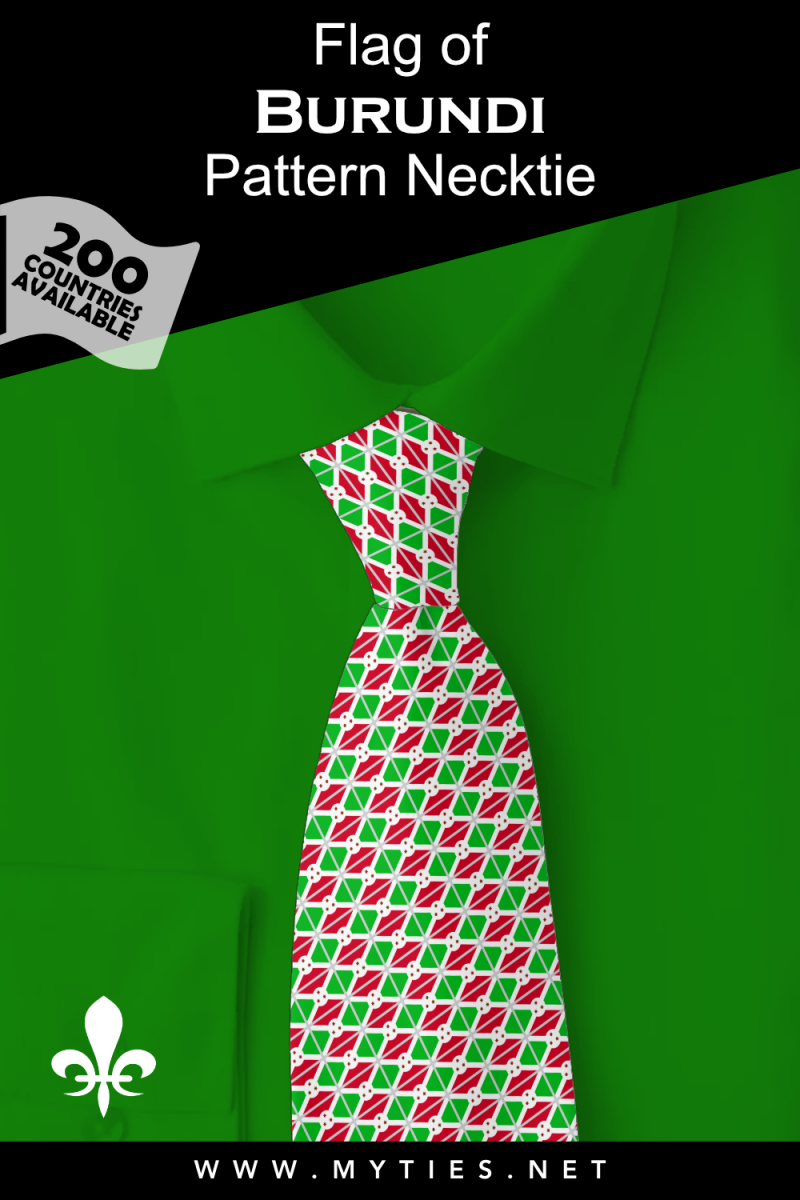 Pinterest Pin image: Flag of Burundi patterned necktie, illustration of Burundi flag necktie on folded Yellow shirt