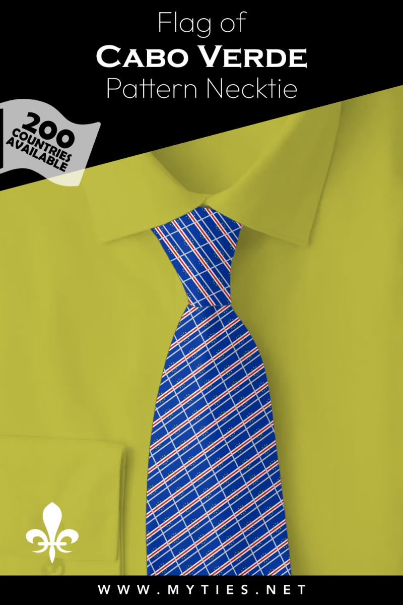 Pinterest Pin image: Flag of Cabo Verde patterned necktie, illustration of Cabo Verde flag necktie on folded Yellow shirt