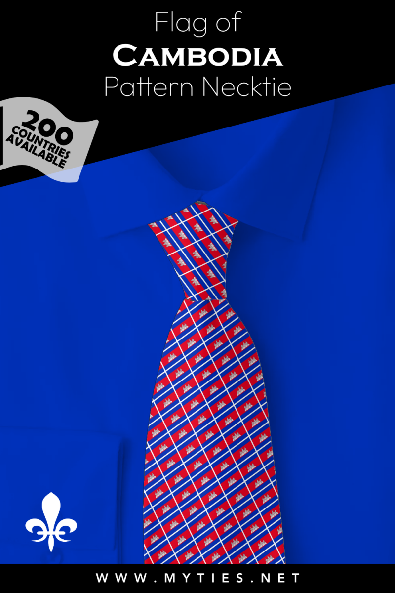 Pinterest Pin image: Flag of Cambodia patterned necktie, illustration of Cambodia flag necktie on folded blue shirt