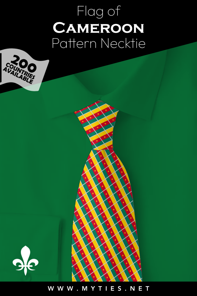 Pinterest Pin image: Flag of Cameroon patterned necktie, illustration of Cameroon flag necktie on folded green shirt